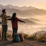 A young Indian couple on a spontaneous weekend mountain getaway in the Himalayas, representing the growing micro-escape travel trend replacing long holidays in India in 2026