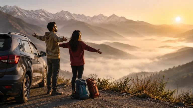 A young Indian couple on a spontaneous weekend mountain getaway in the Himalayas, representing the growing micro-escape travel trend replacing long holidays in India in 2026