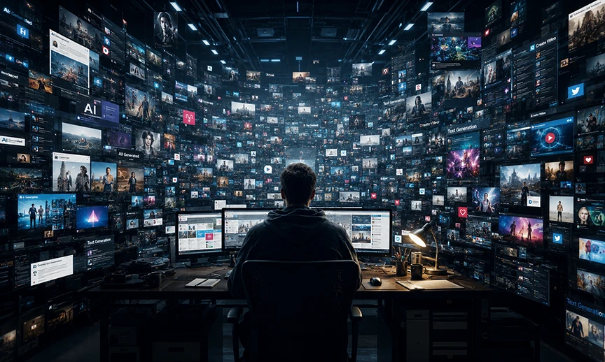 Large volume of AI-generated content illustrating information abundance in the AI era