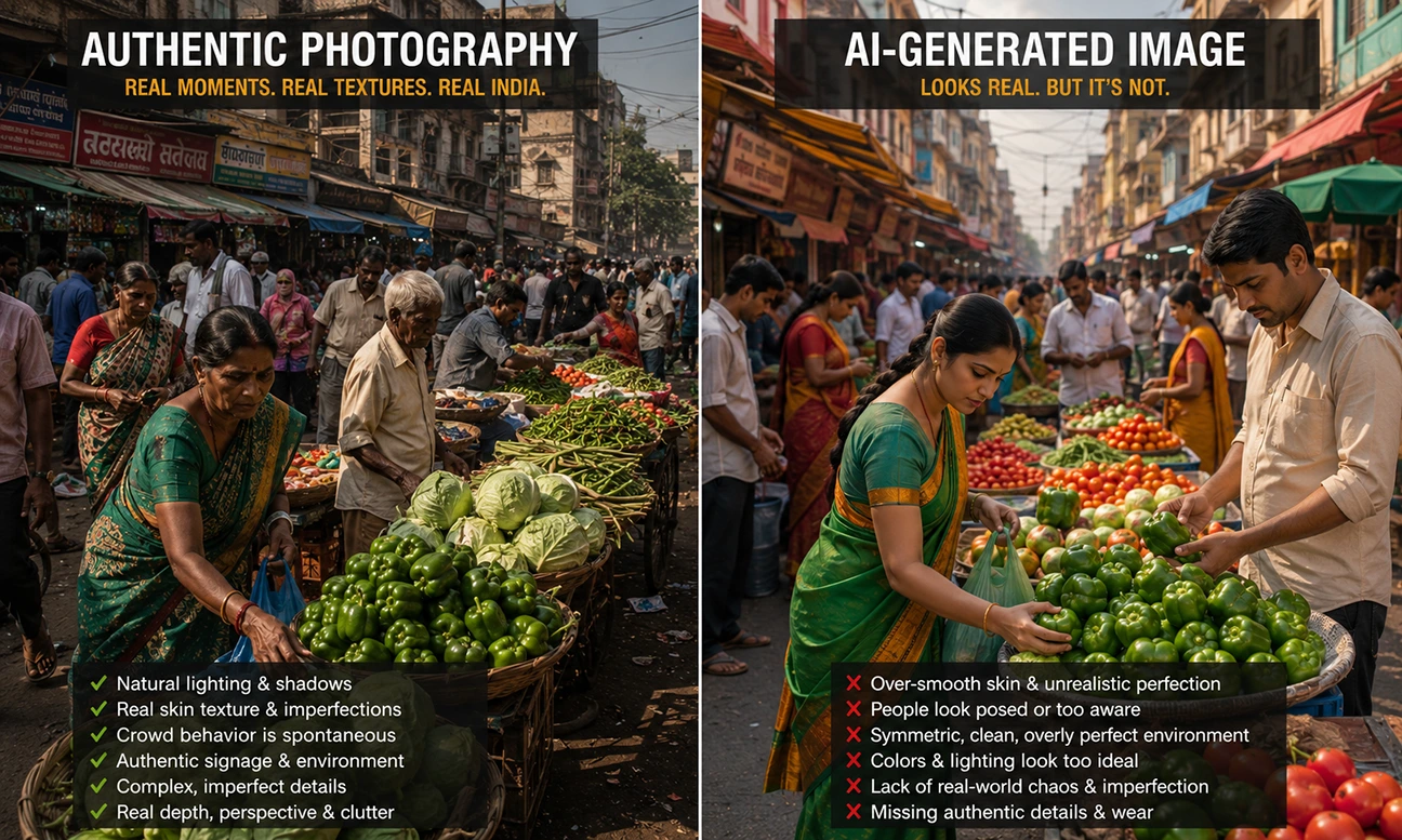 Comparison of authentic Indian stock photography versus AI-generated image showing quality gap for stock photography after AI
