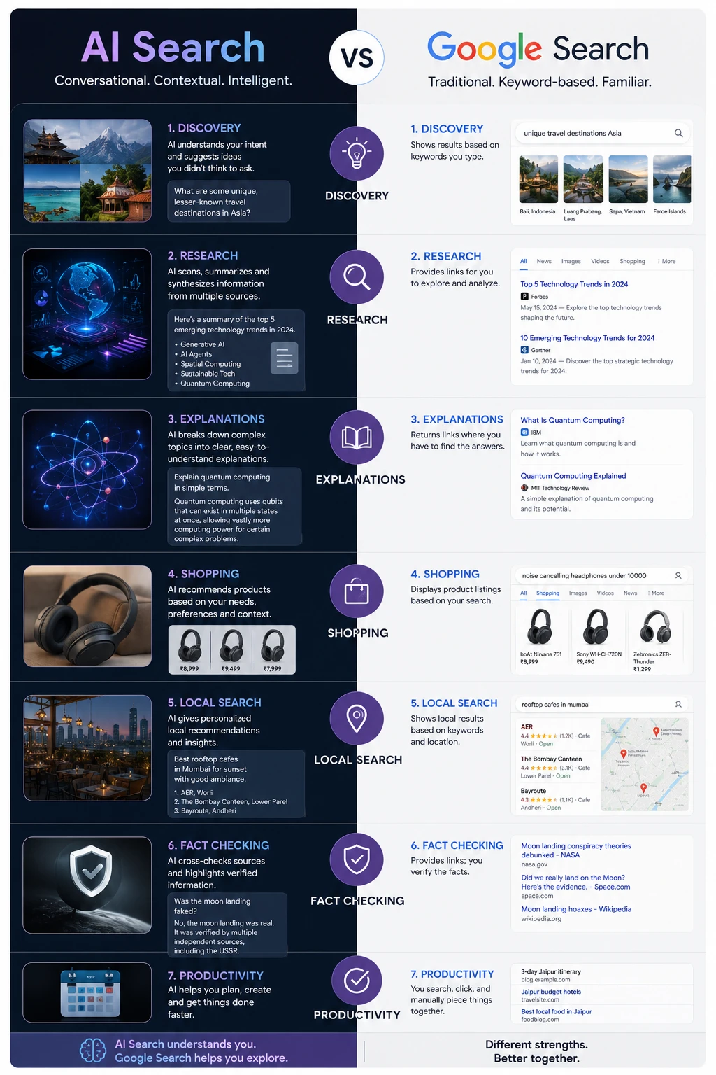 Comparison chart showing when to use AI search versus Google search