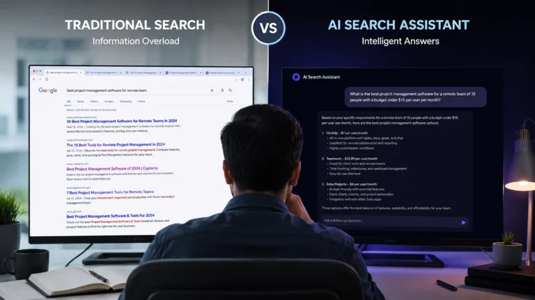 Comparison between AI search and Google search showing when each tool is most effective