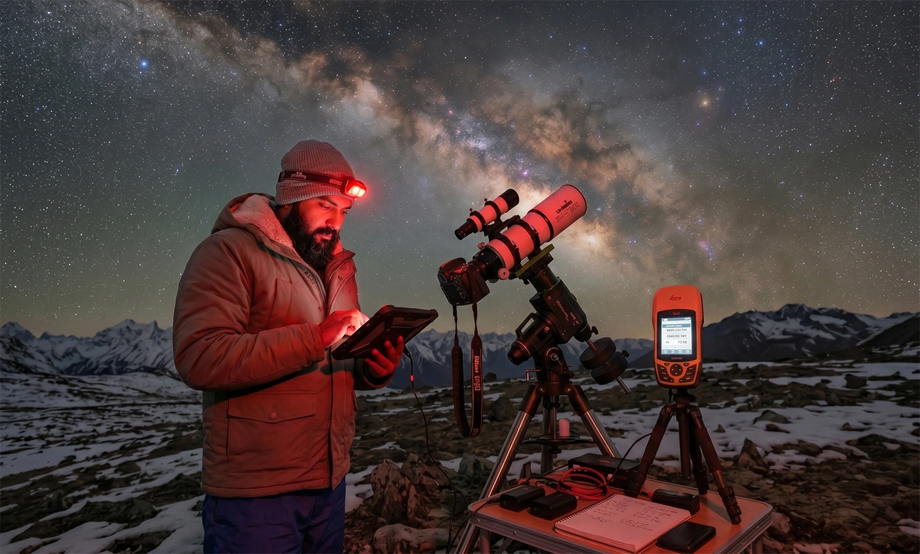Astrophotographer documenting GPS coordinates and EXIF data at Himalayan dark sky location showing AI-resistant stock photography category