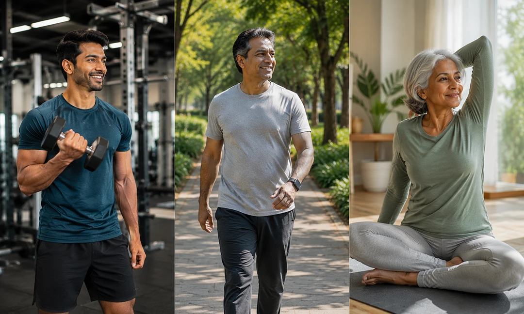 Different age groups choosing walking, yoga and gym workouts for lifelong fitness
