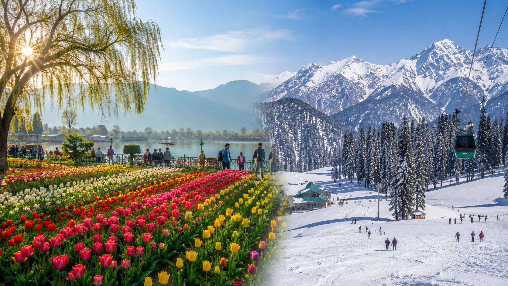 Best time to visit Kashmir showing tulip season in Srinagar and snowfall season in Gulmarg.