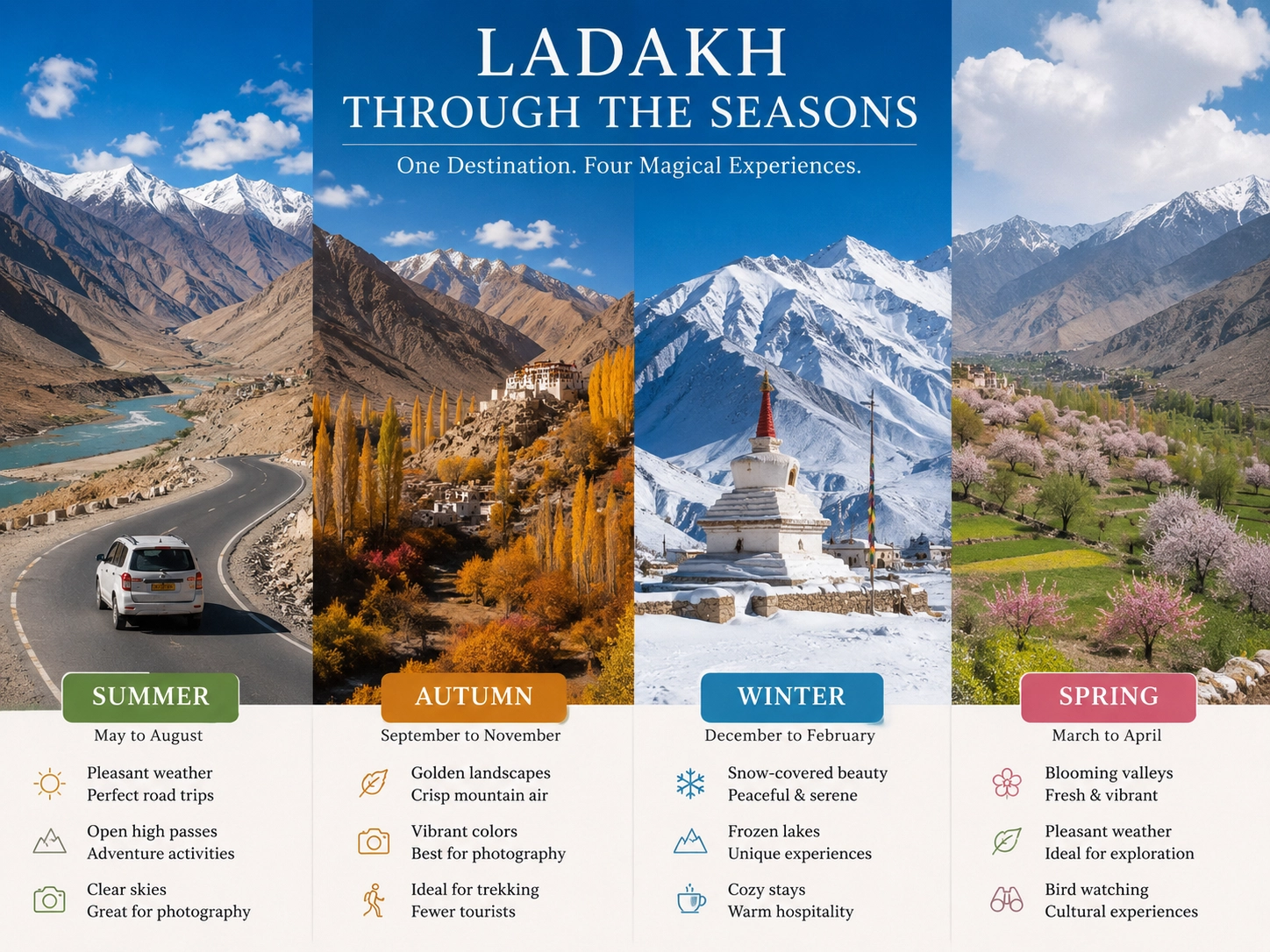 Seasonal comparison showing the best time to visit Ladakh during different months of the year.