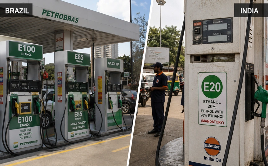 Comparison of Brazil flex fuel petrol station with multiple ethanol options versus India single mandated E20 ethanol blending pump