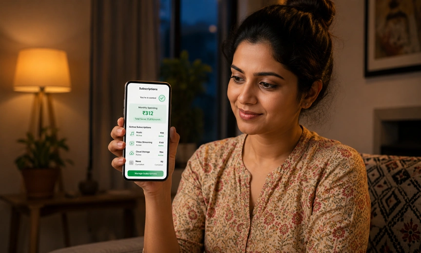 Indian professional feeling financial relief after cancelling unnecessary subscription trap costs in India