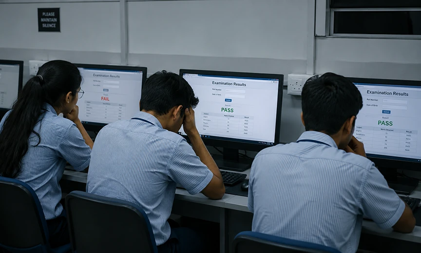 Indian students checking CBSE Class 12 results during the 2026 OSM scandal result day chaos