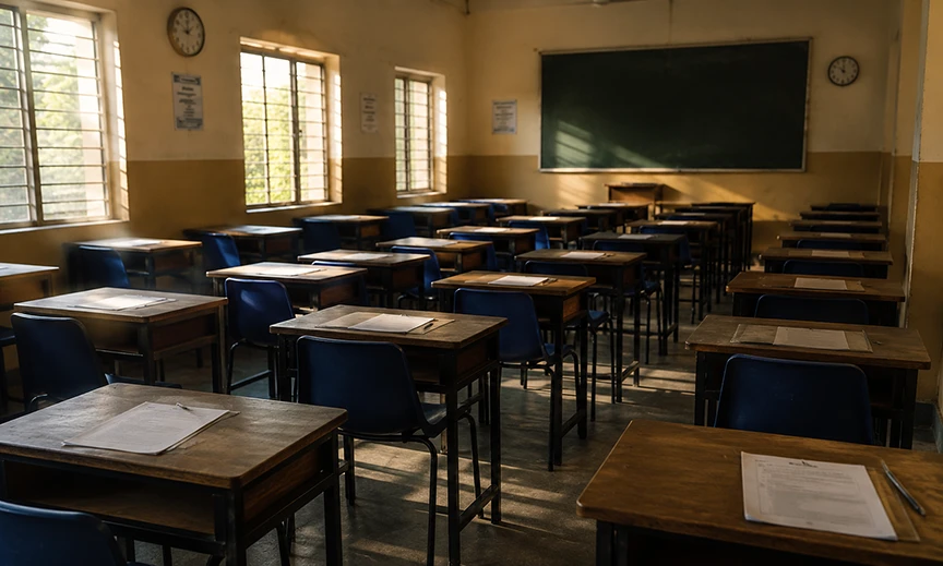 Empty exam hall symbolizing the aftermath of the CBSE OSM scandal affecting Class 12 students in 2026