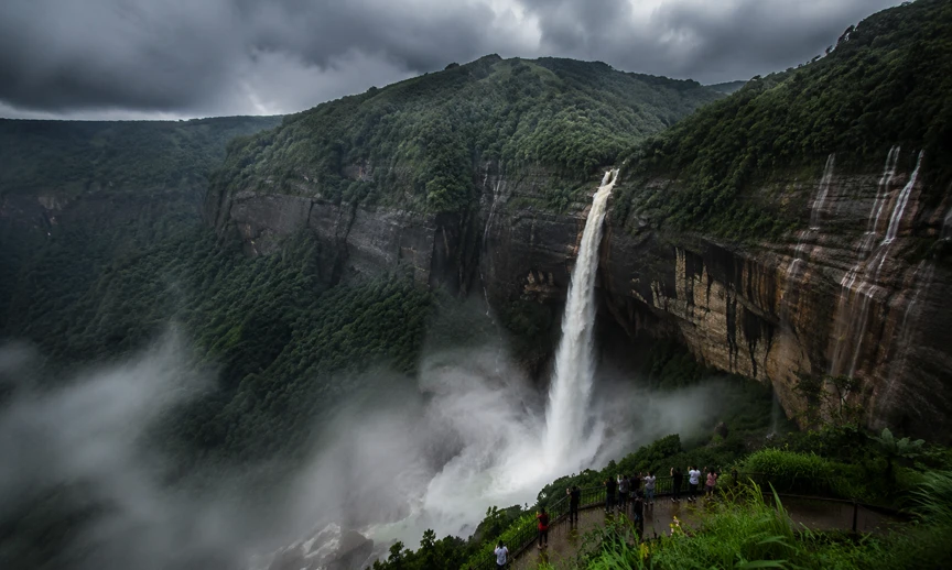 Nohkalikai Falls Cherrapunji at full monsoon flow representing the dramatic waterfall experience in Meghalaya monsoon travel