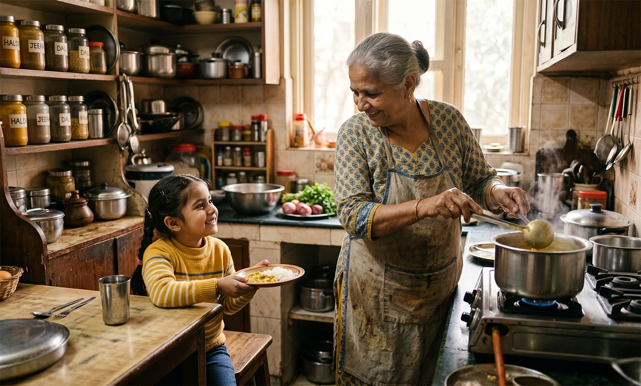 A family meal that captures childhood memories and the emotional comfort of homemade food.