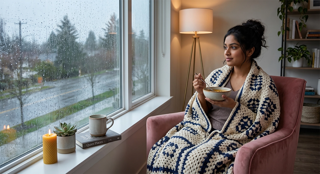 A person finding comfort and emotional restoration through a homemade meal.