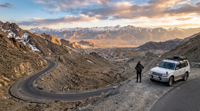 Complete Ladakh travel guide showing a scenic mountain road near Leh with Himalayan landscapes and a traveler exploring Ladakh.