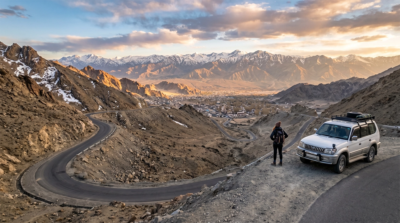 Complete Ladakh travel guide showing a scenic mountain road near Leh with Himalayan landscapes and a traveler exploring Ladakh.