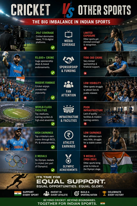 Infographic comparing recognition and support for cricket and other sports in India