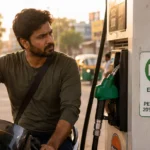 Indian motorcyclist at New Delhi petrol pump looking at E20 ethanol blending fuel sticker with visible concern
