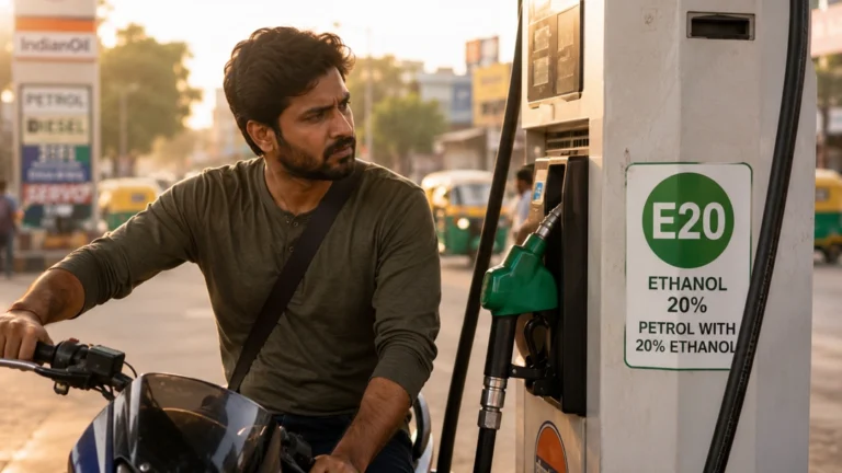 Ethanol Blending India: 9 Dangerous Risk Fixes 2026 Indian motorcyclist at New Delhi petrol pump looking at E20 ethanol blending fuel sticker with visible concern