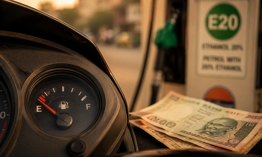 Motorcycle fuel gauge near empty showing the mileage drop impact of ethanol blending India E20 petrol