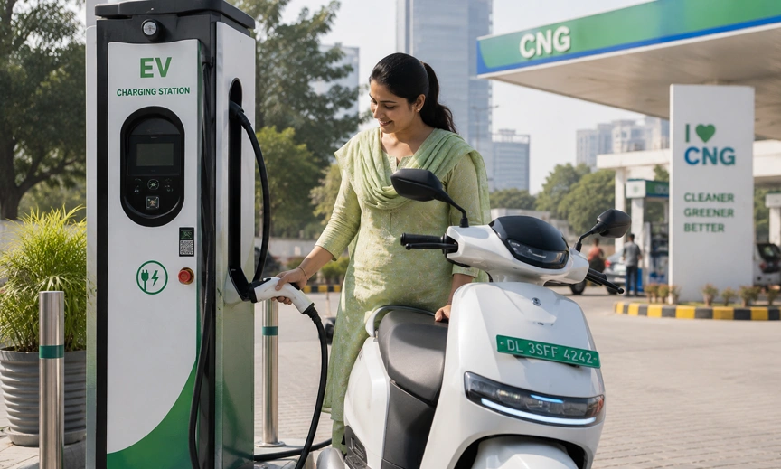  Indian woman charging electric scooter at EV station in Delhi showing alternatives to ethanol blending India fuel programme