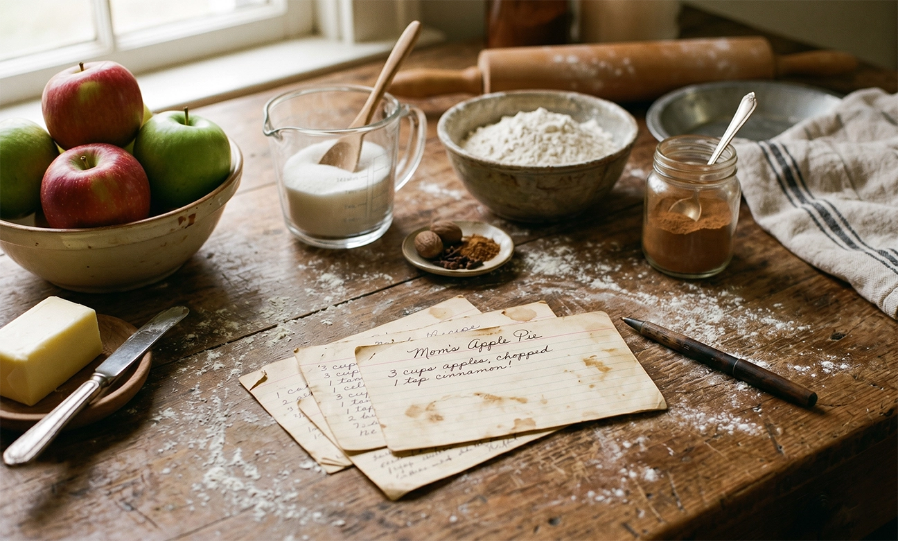 Handwritten family recipes that preserve food memories across generations.