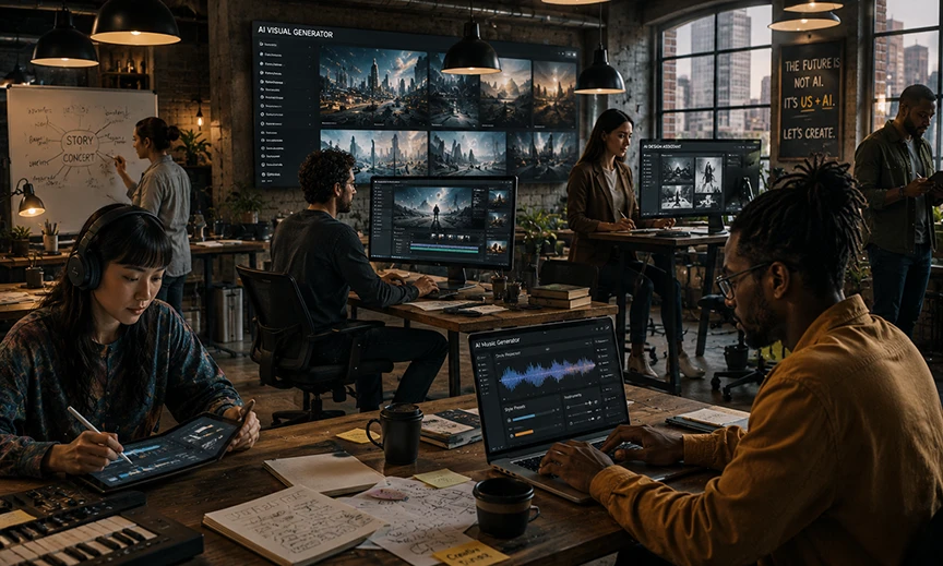 Creative professionals using AI technology while maintaining human originality and innovation