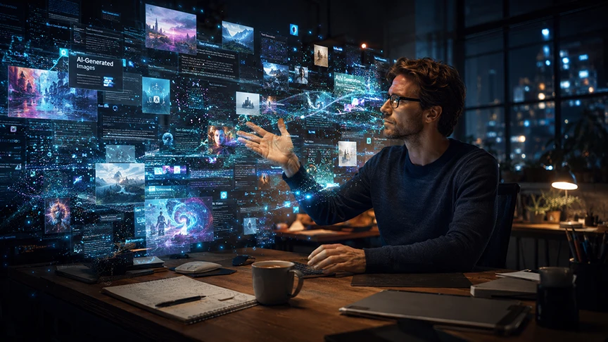 Human creator using AI tools while applying creativity, judgment and original thinking