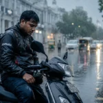 Indian food delivery worker in monsoon rain representing the gig economy India 2026 income reality