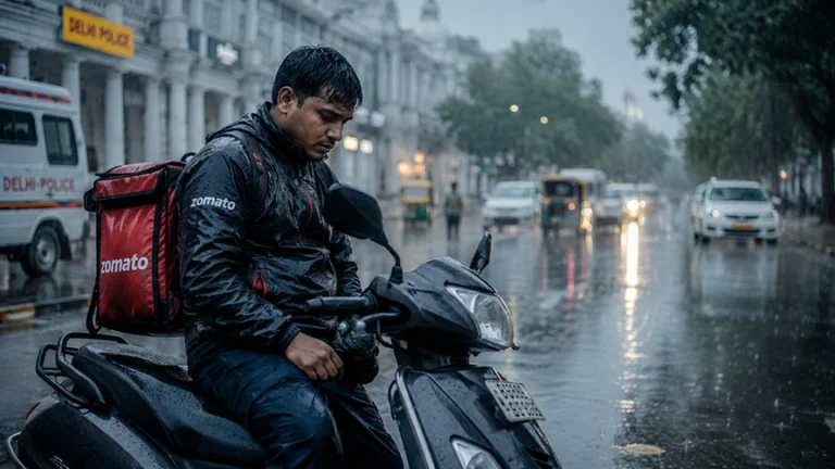 Indian food delivery worker in monsoon rain representing the gig economy India 2026 income reality