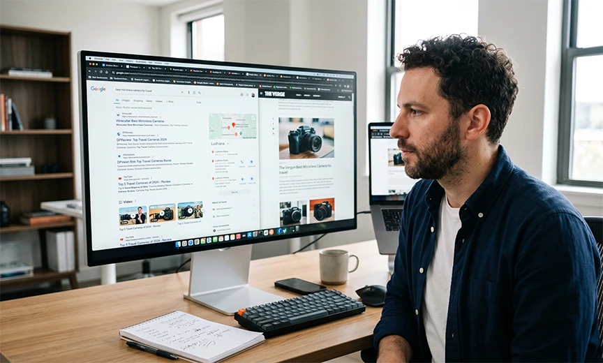 Person using Google Search to discover websites, sources and information online