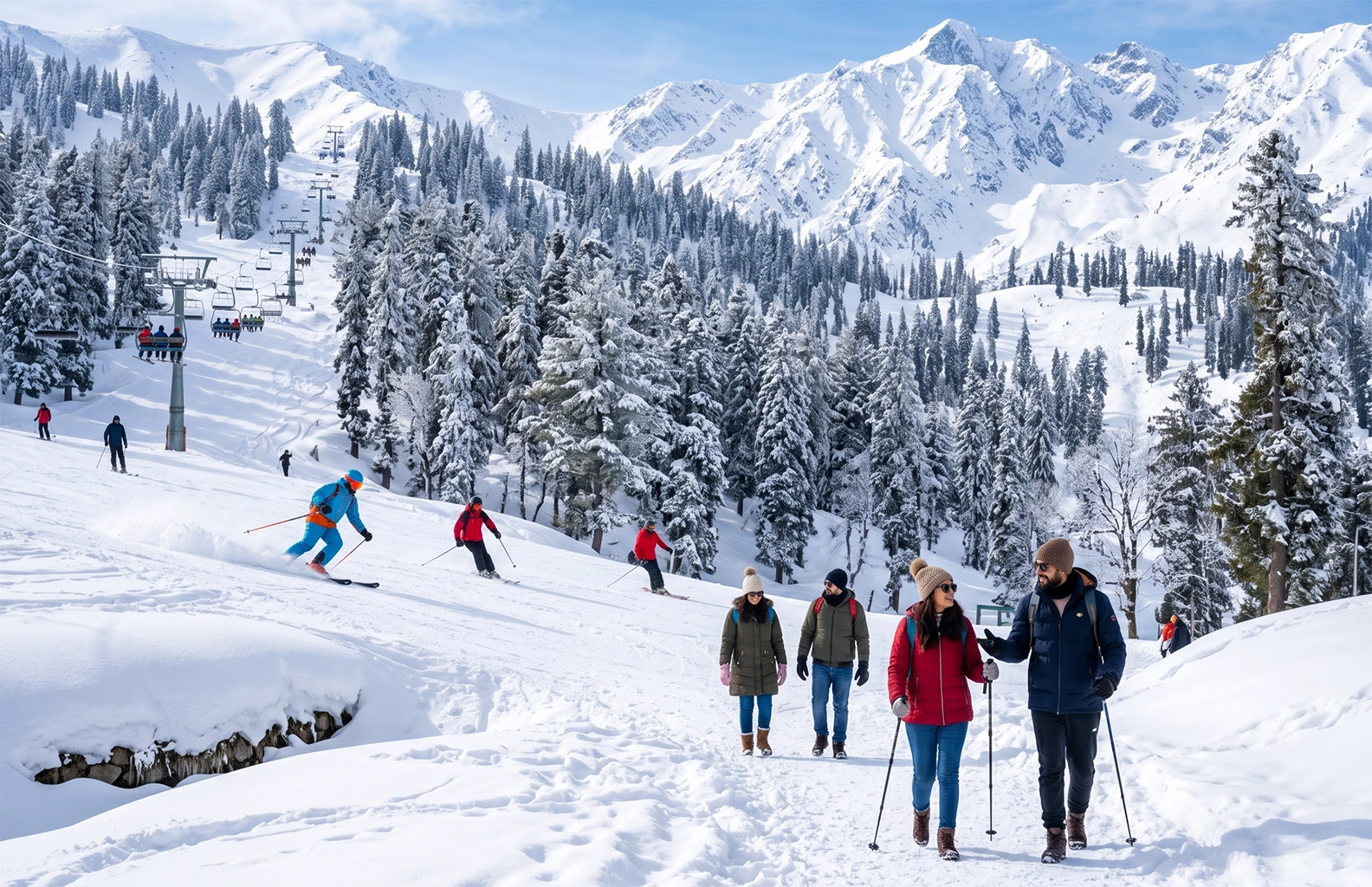Gulmarg snowfall season in Kashmir featuring winter sports and snow-covered landscapes.