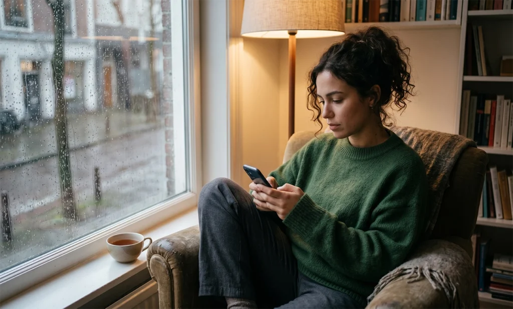 Person interacting with an AI assistant in a quiet home environment, illustrating emotional connection with artificial intelligence.