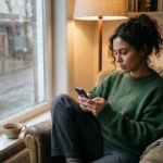 Person interacting with an AI assistant in a quiet home environment, illustrating emotional connection with artificial intelligence.