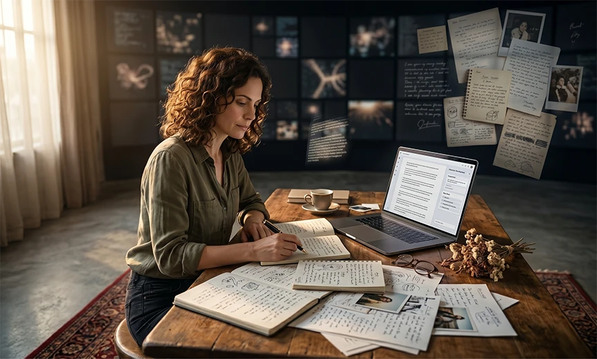 Writer using personal experience and storytelling skills alongside AI tools