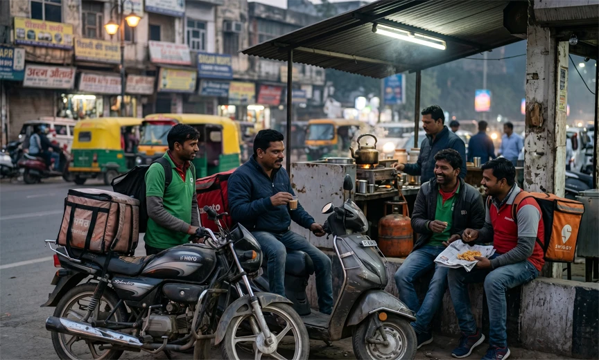 Indian gig economy workers gathering on break representing the collective experience of platform workers in India 2026