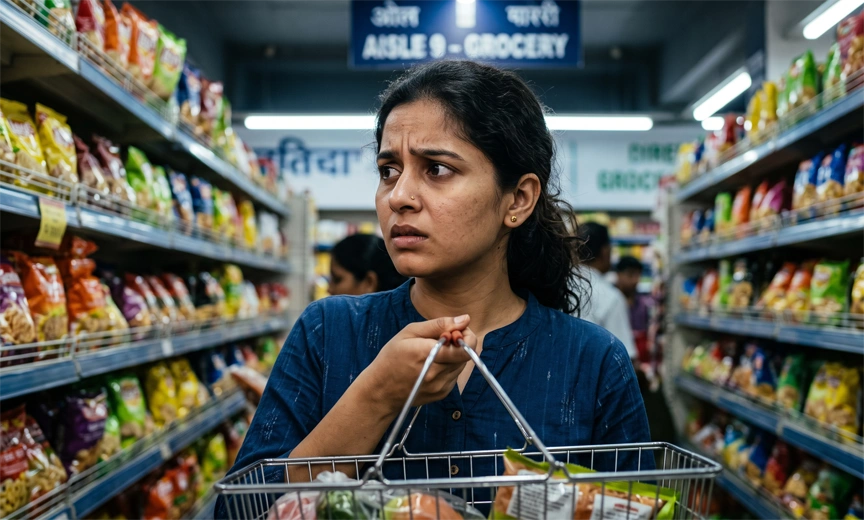 Indian woman checking rising grocery prices as middle class India 2026 food costs increase
