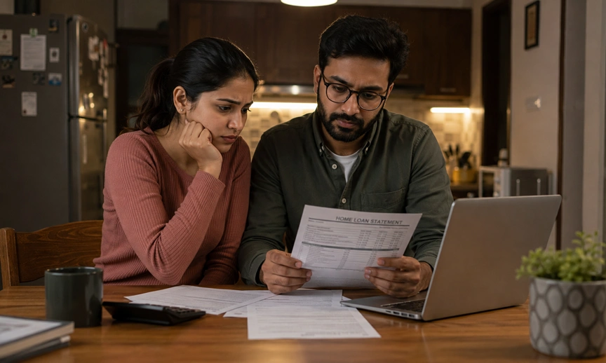 Young Indian couple reviewing home loan EMI documents representing middle class India 2026 financial pressure