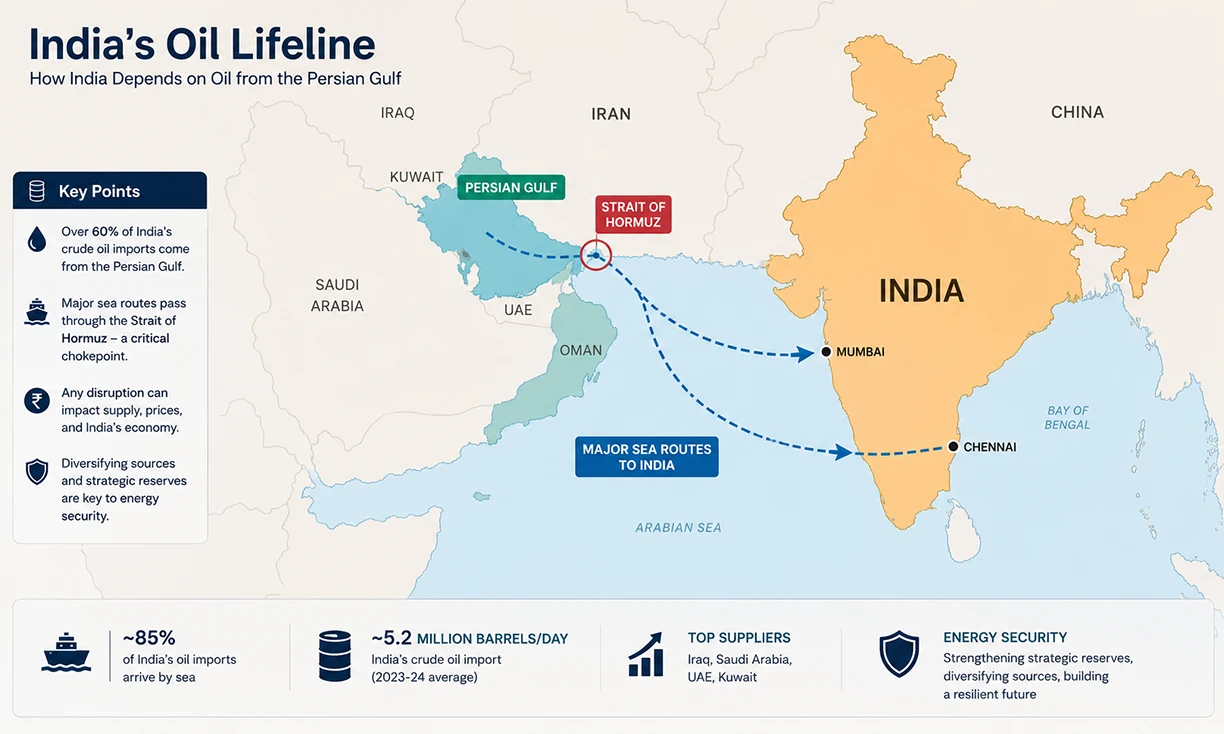 India's oil import routes from West Asia - the geographic foundation of the West Asia war India impact on Indian households