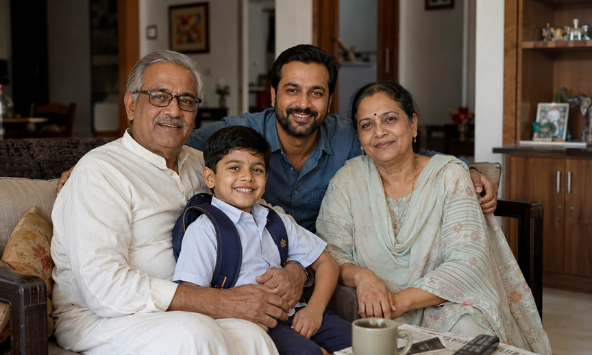 Three-generation Indian family representing the sandwich generation financial burden in middle class India 2026