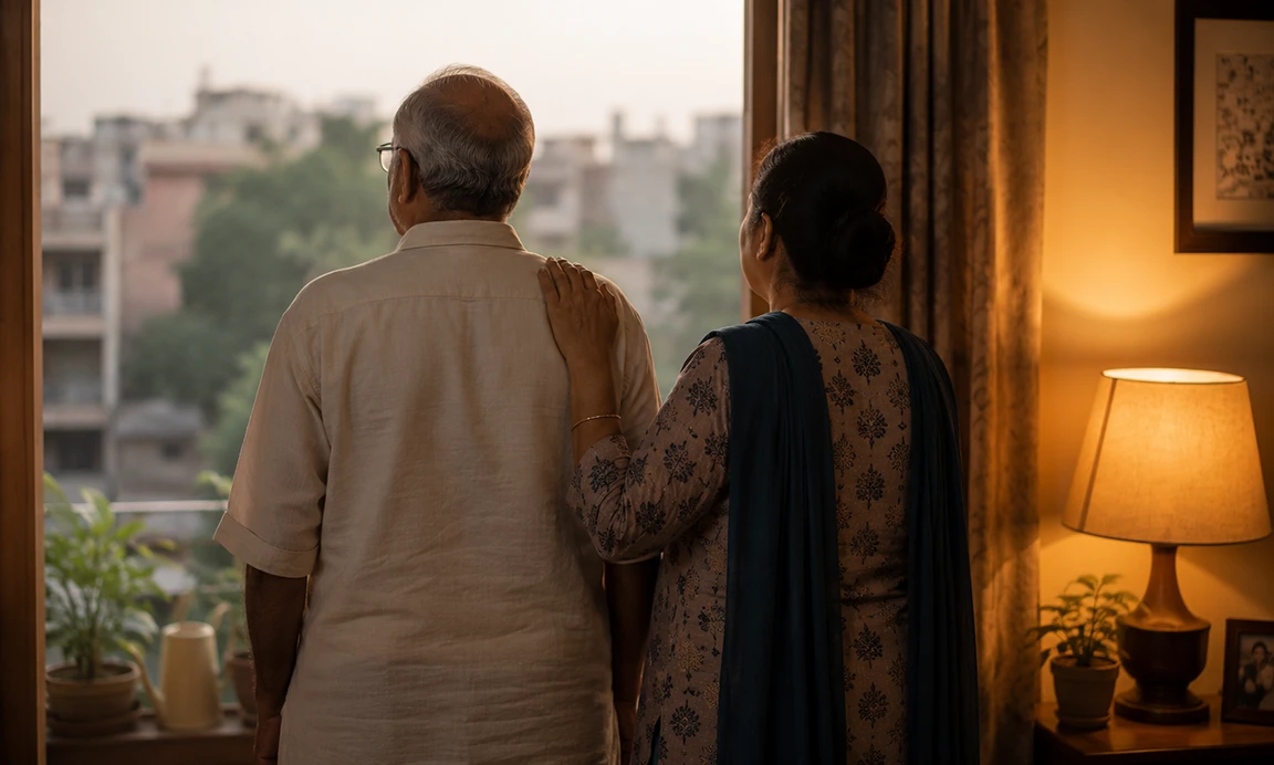 An adult child reaching toward their Indian father — closing the distance that Indian fathers emotions rarely bridge in words