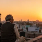 Indian father and adult child sharing a quiet moment at sunset, the unspoken language of Indian fathers emotions