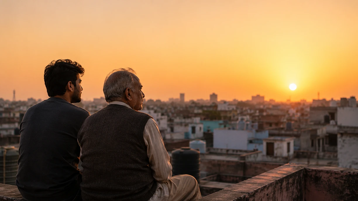 Indian father and adult child sharing a quiet moment at sunset, the unspoken language of Indian fathers emotions