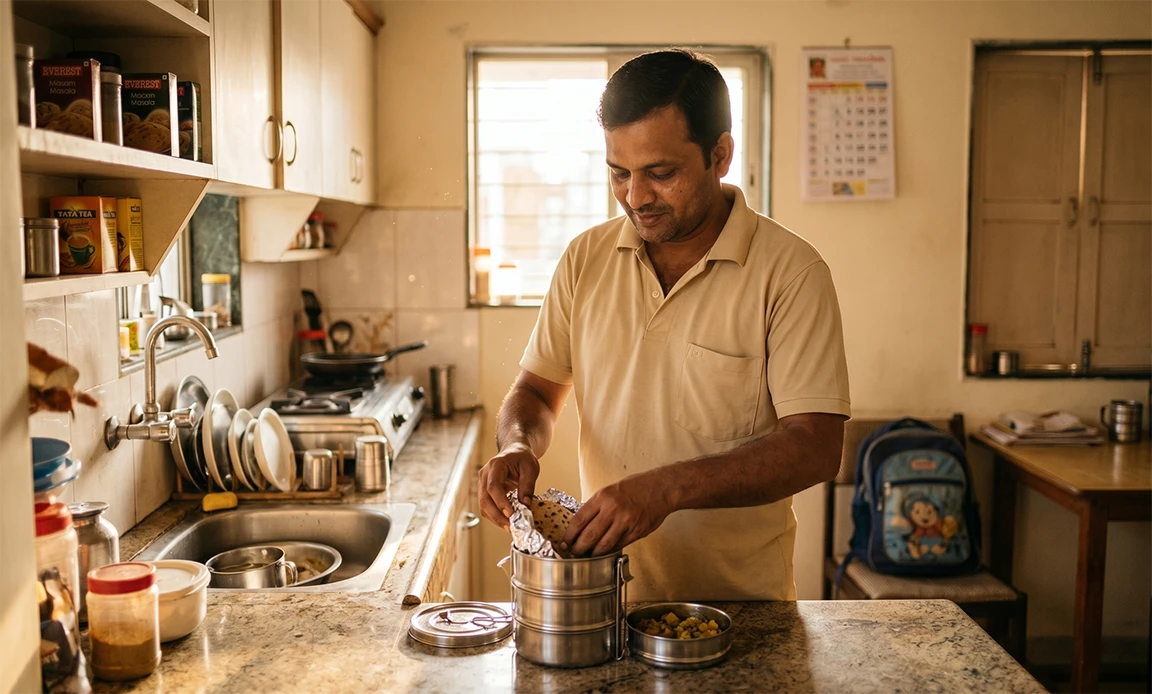 Indian father quietly packing tiffin in the early morning — the everyday expression of Indian fathers emotions