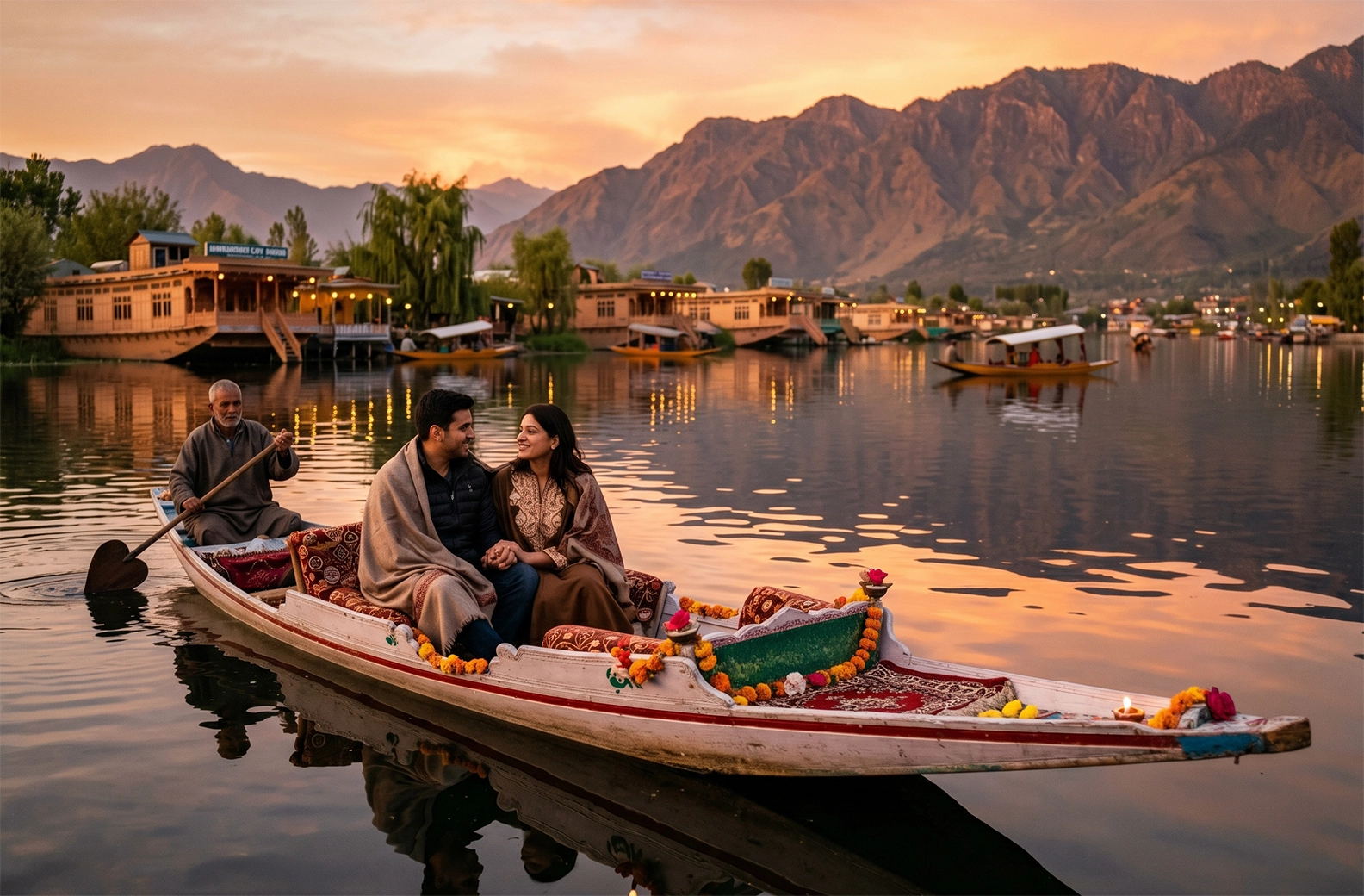 Couple enjoying a romantic Kashmir honeymoon season on Dal Lake at sunset.