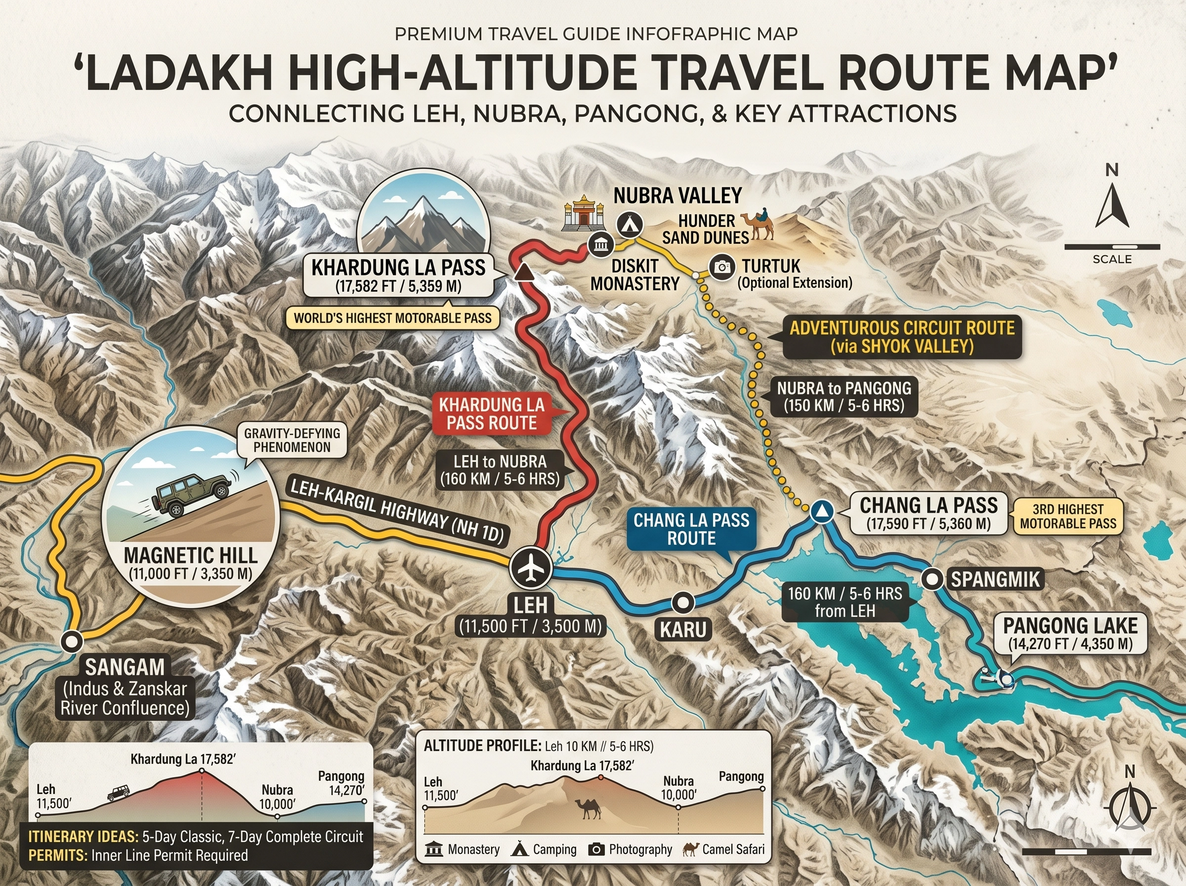 Suggested Leh itinerary route map covering major attractions across Ladakh.