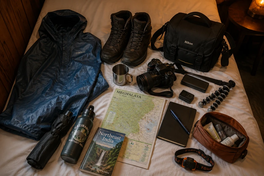 Essential packing items for Meghalaya monsoon travel including rain gear and camera equipment