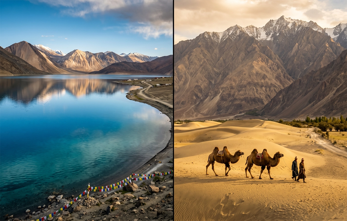 Pangong Lake and Nubra Valley landscapes showcasing two of Ladakh's most famous attractions.