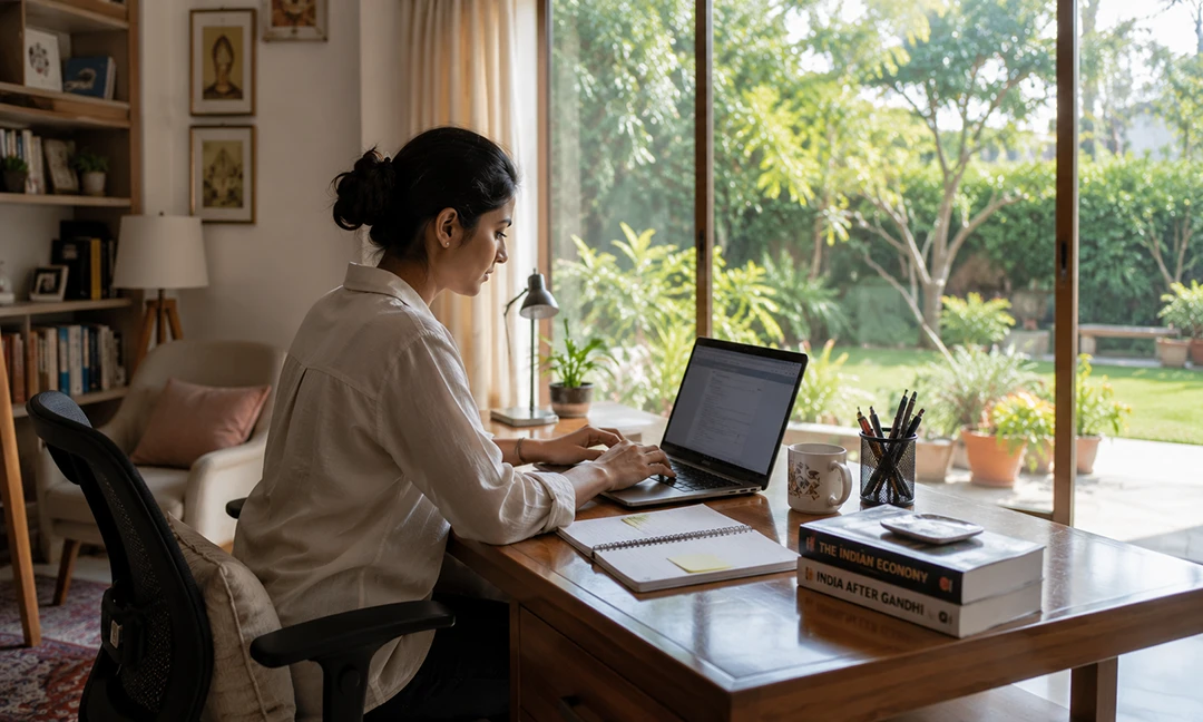 A calm productive home workspace in a Tier 2 city — the career reality of reverse migration India in 2026