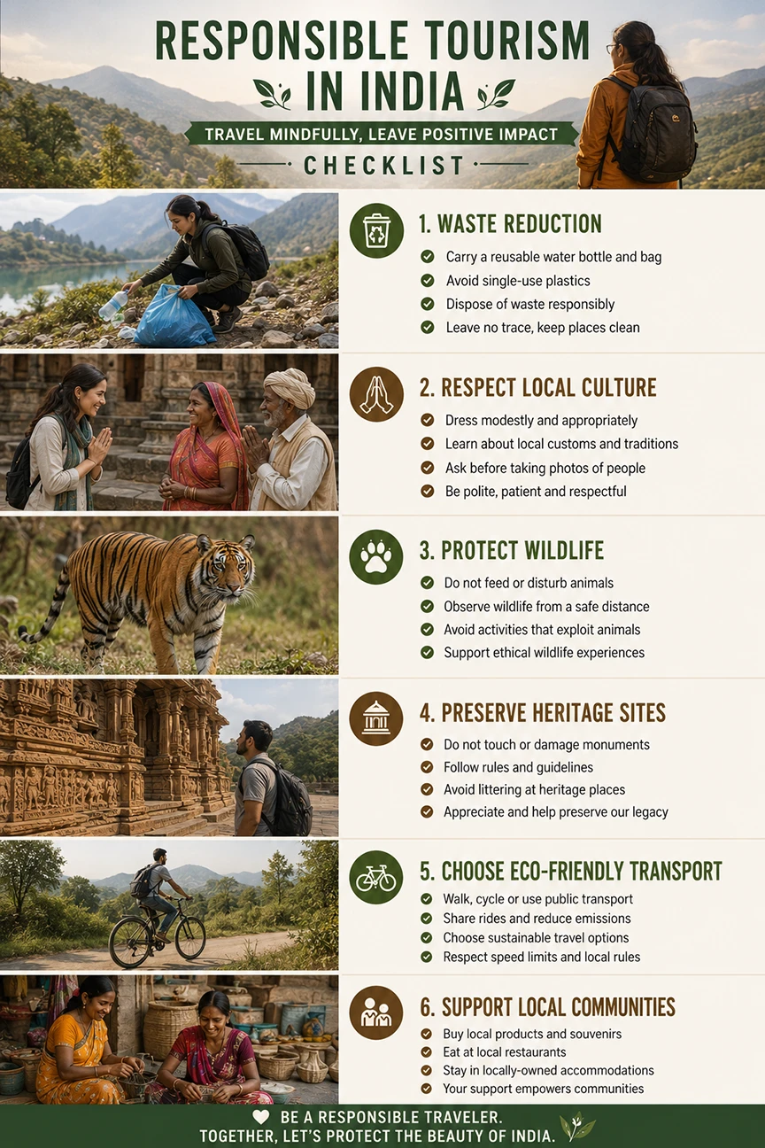 Checklist showing practical responsible tourism habits for travelers in India