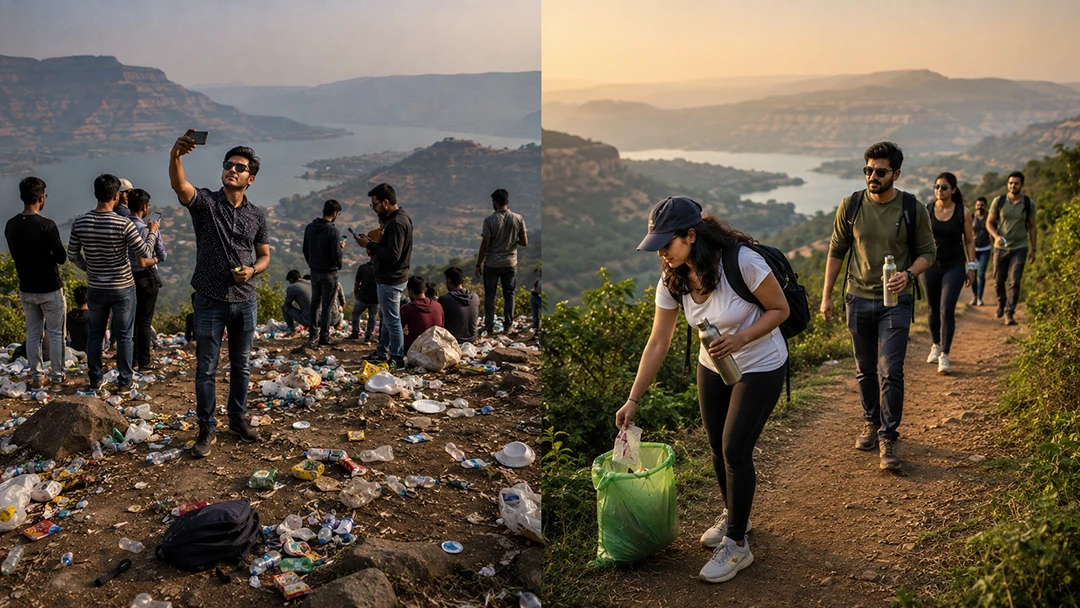 Comparison showing irresponsible tourism and responsible tourism practices at an Indian travel destination